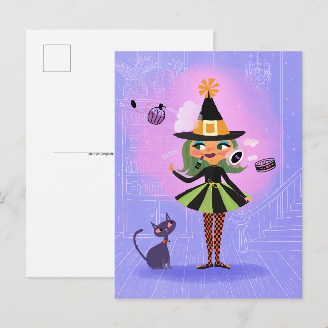 Halloween Green Hair Witch Lavender & Pink Postcard (Front/Back)