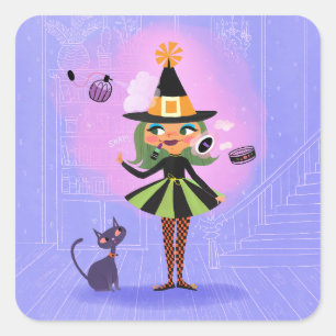 Halloween Green Hair Witch Lavender & Pink Square Sticker
