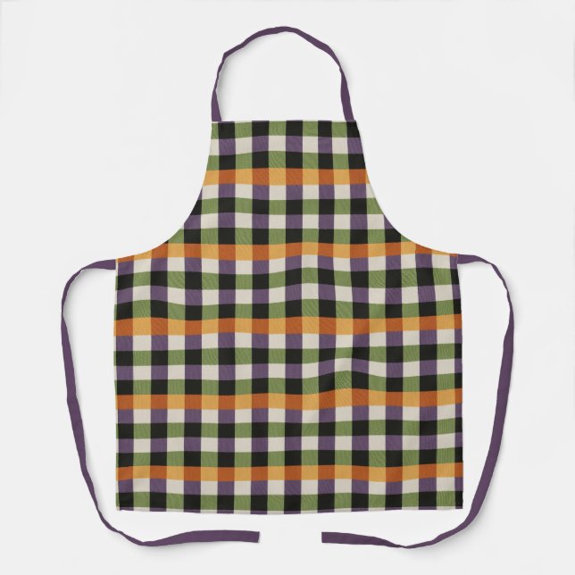 Halloween green, purple & black gingham pattern apron (Front)