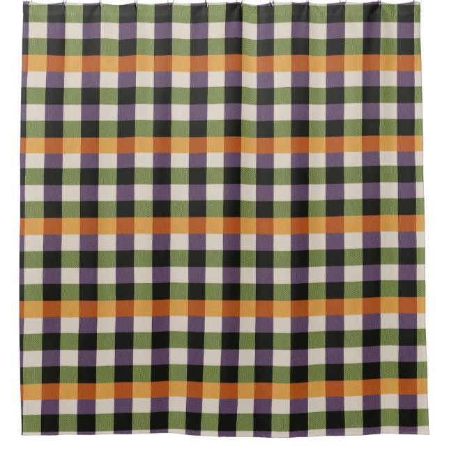 Halloween green, purple & black gingham pattern shower curtain (Front)