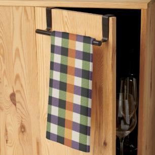 Halloween green, purple & black gingham pattern tea towel