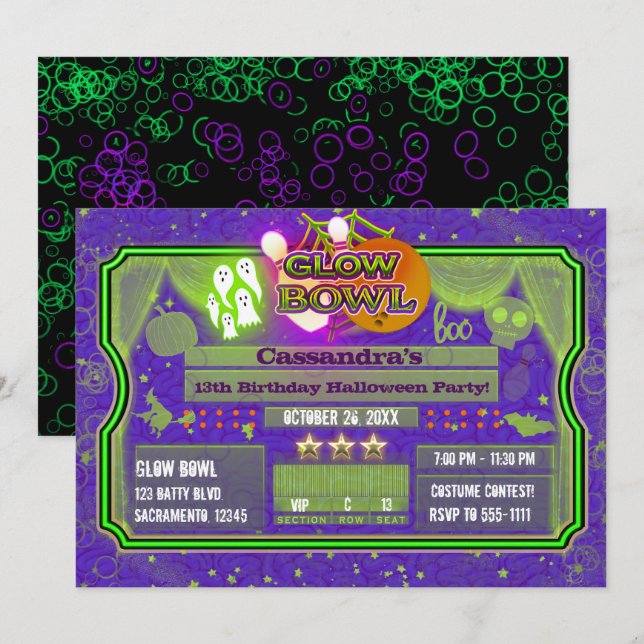 Halloween Green & Purple GLOW BOWL Birthday Party Invitation (Front/Back)