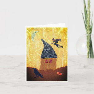 Halloween Greeting Card with Tiny House, Witch