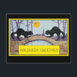 Halloween Greeting Card with Two Black Cats<br><div class="desc">Two black cats face off against each other in this cool vintage Halloween art greeting card. Customise and personalise these cards any way you like. Use the simple CUSTOMIZE button just beneath the image, to add text or add colour to the cards. Cards are available in two sizes, with envelopes....</div>