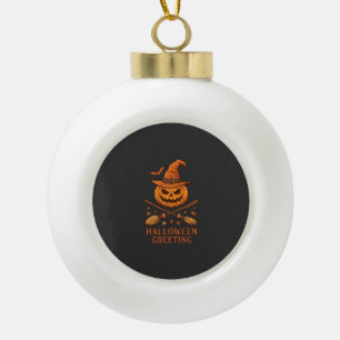 Halloween Greeting Pumpkin Witch Hat Crossed Broom Ceramic Ball Christmas Ornament