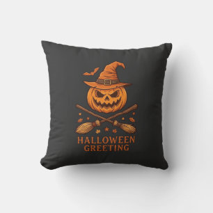 Halloween Greeting Pumpkin Witch Hat Crossed Broom Cushion