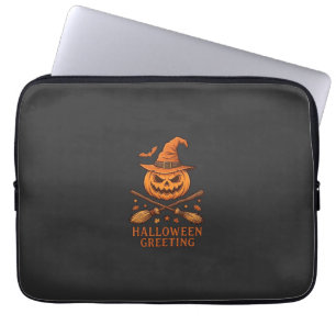 Halloween Greeting Pumpkin Witch Hat Crossed Broom Laptop Sleeve