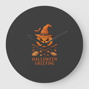 Halloween Greeting Pumpkin Witch Hat Crossed Broom Large Clock
