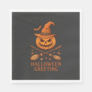 Halloween Greeting Pumpkin Witch Hat Crossed Broom Napkin