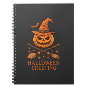 Halloween Greeting Pumpkin Witch Hat Crossed Broom Notebook