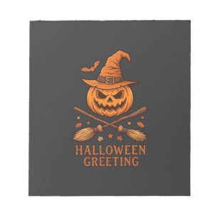 Halloween Greeting Pumpkin Witch Hat Crossed Broom Notepad