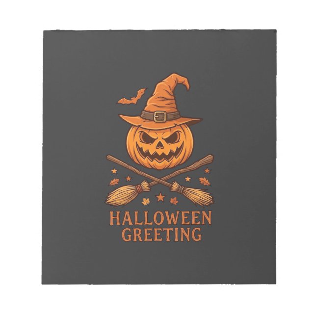 Halloween Greeting Pumpkin Witch Hat Crossed Broom Notepad (Front)