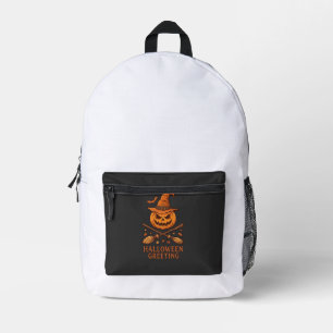 Halloween Greeting Pumpkin Witch Hat Crossed Broom Printed Backpack