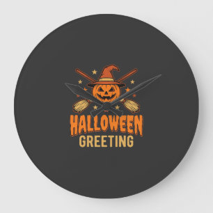 Halloween Greeting Witch Pumpkin Vintage Design Large Clock