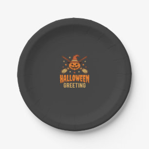 Halloween Greeting Witch Pumpkin Vintage Design Paper Plate
