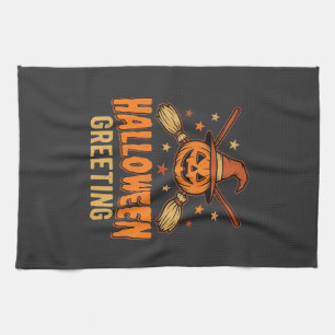 Halloween Greeting Witch Pumpkin Vintage Design Tea Towel