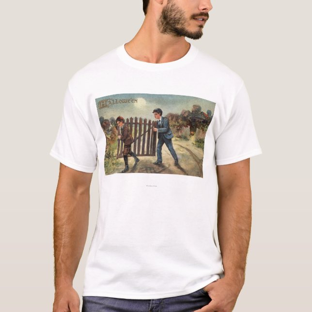 Halloween GreetingBoys Carrying Fence T-Shirt (Front)