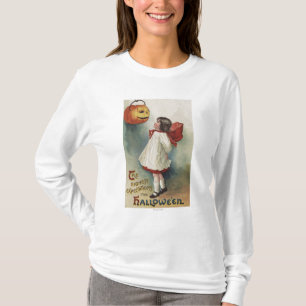 Halloween GreetingGirl in Red and White T-Shirt