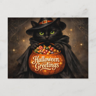 Halloween Greetings Black Cat with Candy Postcard