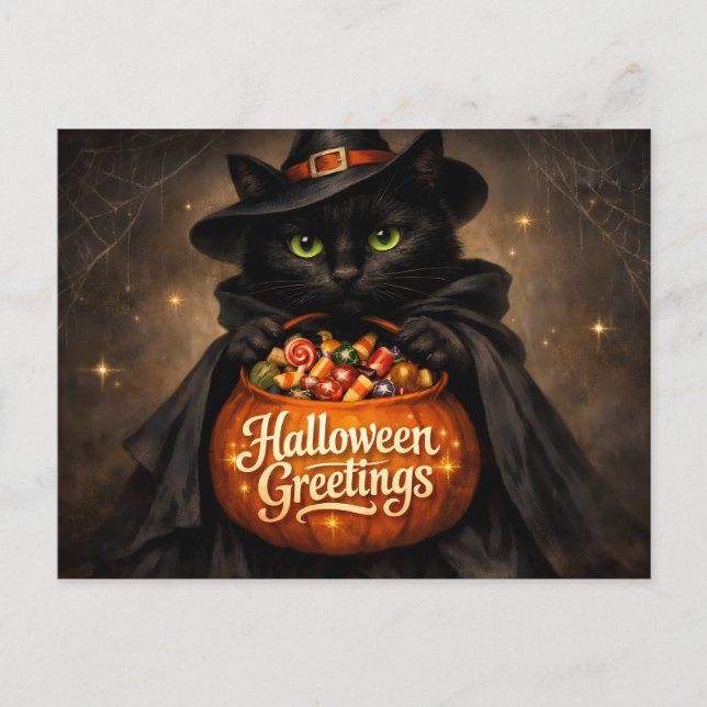 Halloween Greetings Black Cat with Candy  Postcard (Front)
