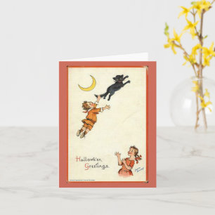 Halloween Greetings Boy Black Cat Tail Vintage Card