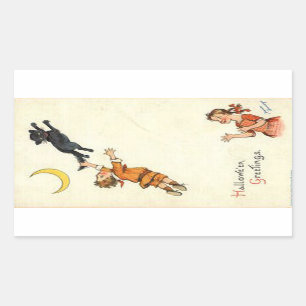Halloween Greetings Boy Black Cat Tail Vintage Rectangular Sticker