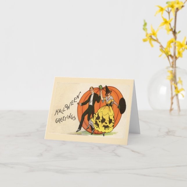 Halloween Greetings Dancing Couple Pumpkin Vintage Card (Yellow Flower)