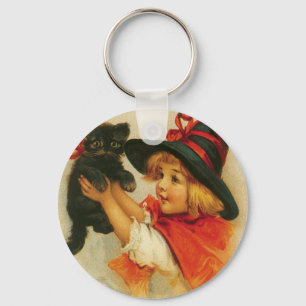 Halloween Greetings from a Girl and Her Kitten Key Ring