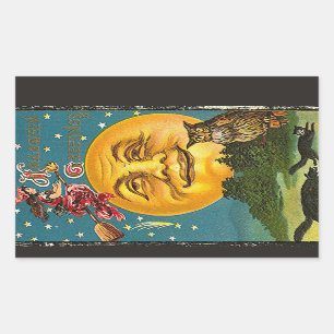 Hallowe'en Greetings Full Moon Owl Witch Vintage Rectangular Sticker