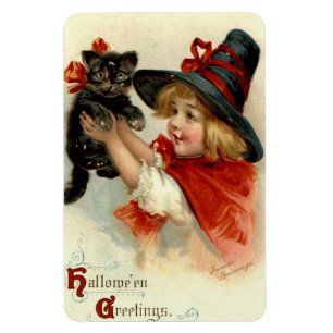 Halloween Greetings Girl with Black Cat Vintage Magnet