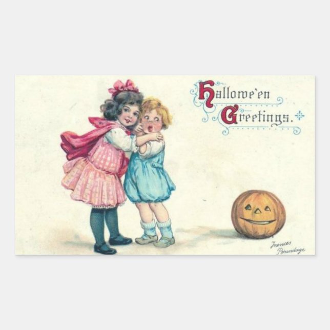 Hallowe'en Greetings Kids and Pumpkin Vintage Rectangular Sticker (Front)