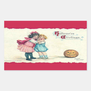 Hallowe'en Greetings Kids and Pumpkin Vintage Rectangular Sticker