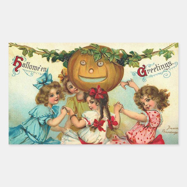 Halloween Greetings Pumpkin & Girls Vintage Rectangular Sticker (Front)
