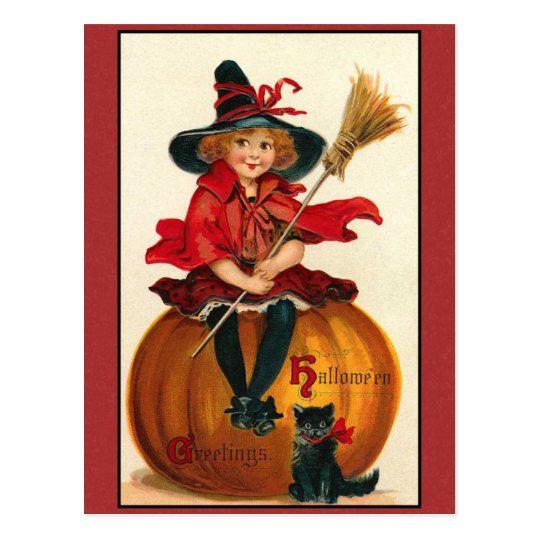 Halloween Greetings Vintage Girl and Cat Postcard