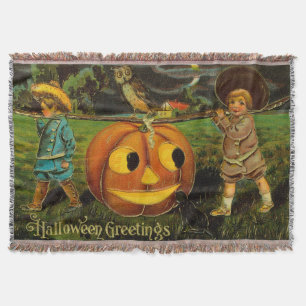 Halloween Greetings - Vintage Spooly Postcard Throw Blanket