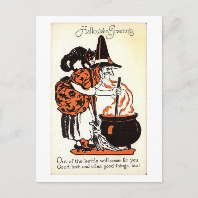 Hallowe'en Greetings Witch and Kettle Vintage Postcard (Front)
