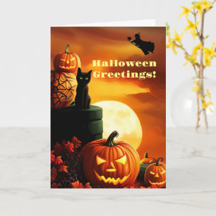 Halloween Greetings with Black Cat Witch Card