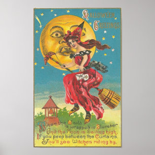 Halloween Greetings Woman On Broom Poster