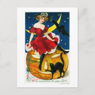 Halloween Greetings Woman on Jack-o-Lantern Postcard