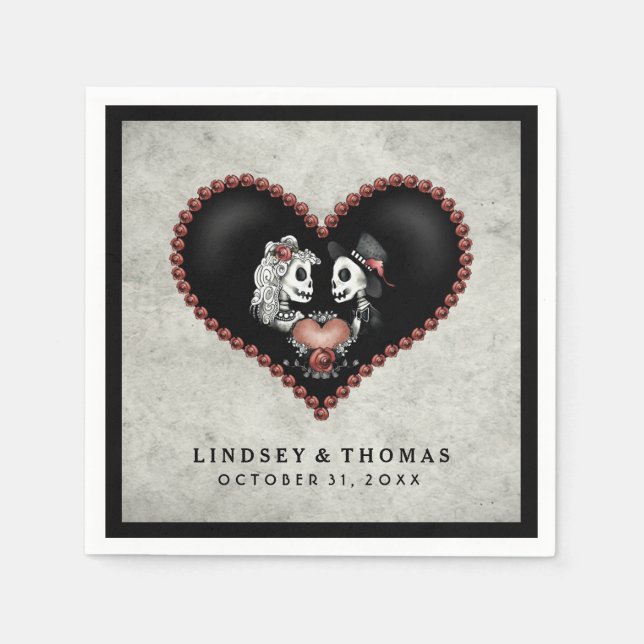 Halloween Grey & Black Skeletons & Heart Wedding Napkin (Front)