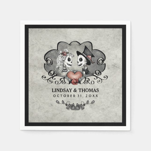 Halloween Grey & Black Skeletons & Heart Wedding Napkin (Front)