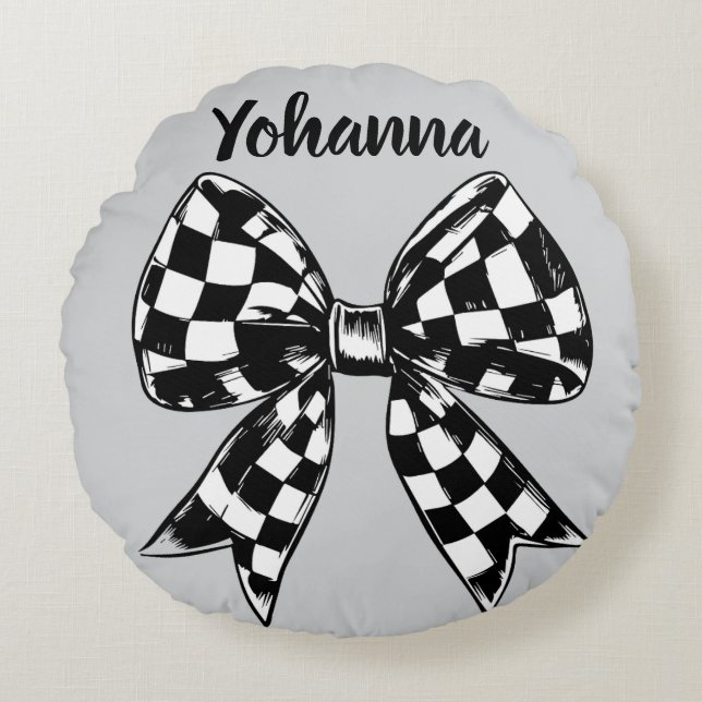 Halloween grey checked bows Coquette Round Pillow (Front)