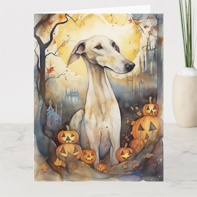 Halloween Greyhound With Pumpkins Scary Card (Front)