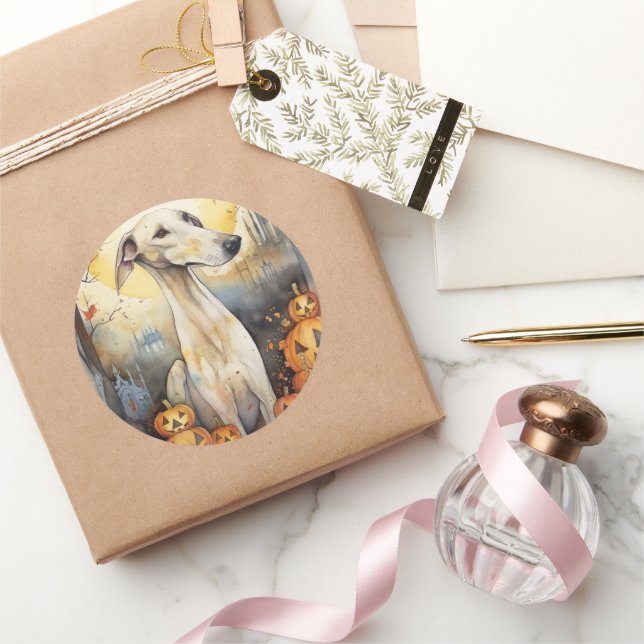 Halloween Greyhound With Pumpkins Scary Classic Round Sticker (Gifting)