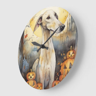 Halloween Greyhound With Pumpkins Scary Large Clock