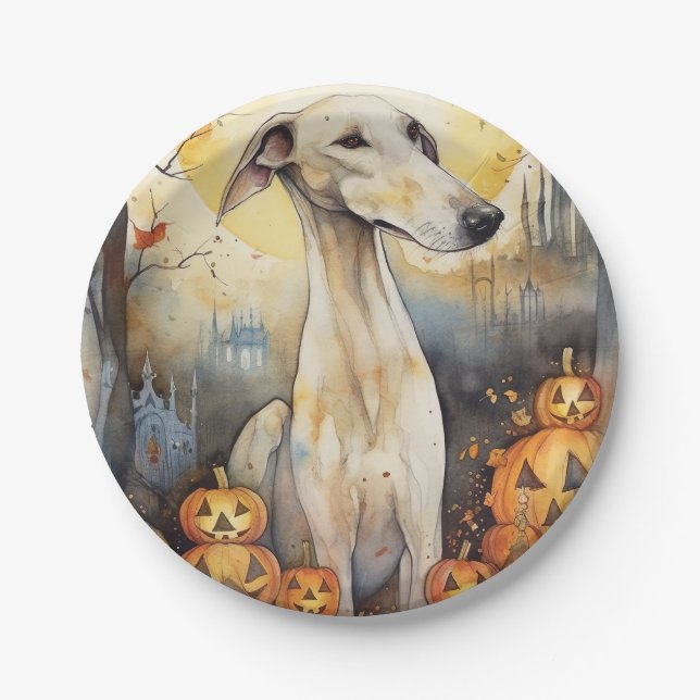 Halloween Greyhound With Pumpkins Scary Paper Plate (Front)