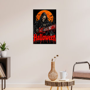 Halloween Grim Reaper Chainsaw Blood Splatter Shir Poster