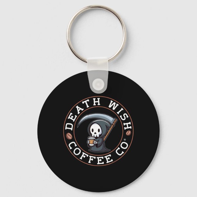 Halloween Grim Reaper Drinking Coffee Death Wish Key Ring (Front)