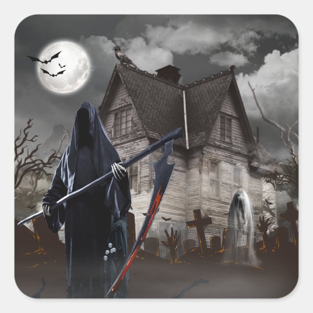 Halloween Grim Reaper Haunted House Square Sticker (Front)