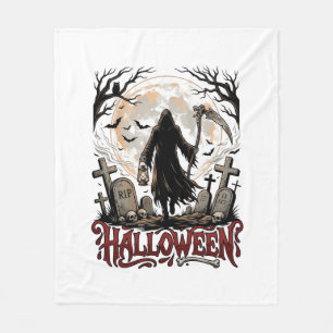 Halloween Grim Reaper Lantern Full Moon Tombstones Fleece Blanket